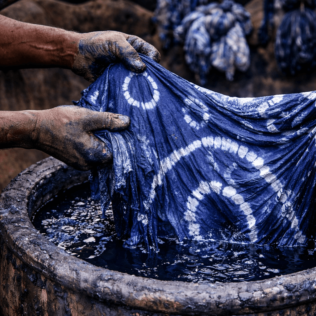 Artisan hand-dyeing Adire fabric in indigo